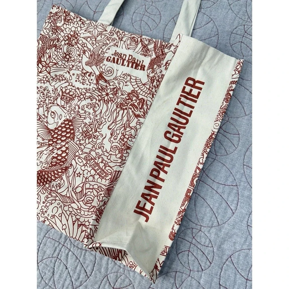 Jean Paul Gaultier Tattoo Tote Bag Red Beige Canvas Dragon Fish / Women's Medium